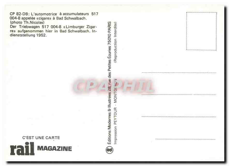 CPM CP 82 DB L'automotrice a accumulateurs 517 004 8 appelee cigare a Bad Schwalbach — Rückseite