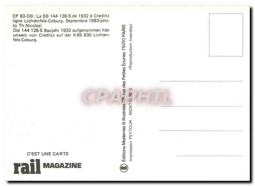 CPM CP 83 DB La BB 144 128 5 de 1932 a Credlitz ligne Lichtenfels Coburg  — Rückseite
