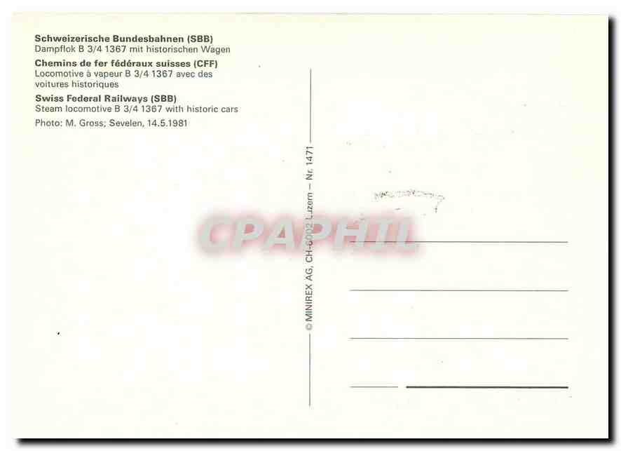 CPM Swiss Federal Railways Locomotive a vapeur B 3 4 1367 avec des voitures historiques — Back