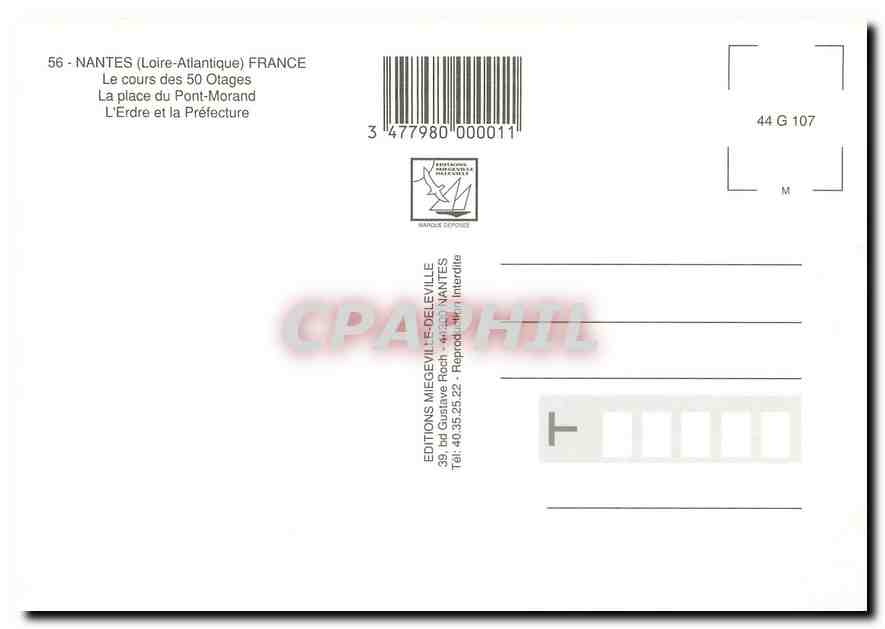 CPM Nantes Loire Atlantique Le cours des 50 otages La place du Pont Morand L'Erdre et la Prefecture — Rückseite