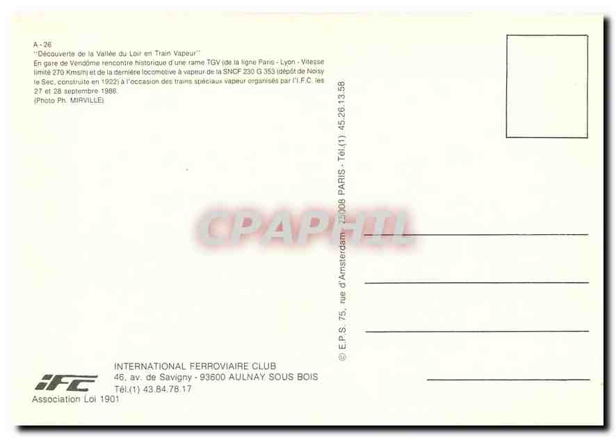 CPM Decouverte de la vallee du Loir en train vapeur TGV Gare de Vendome — Rückseite