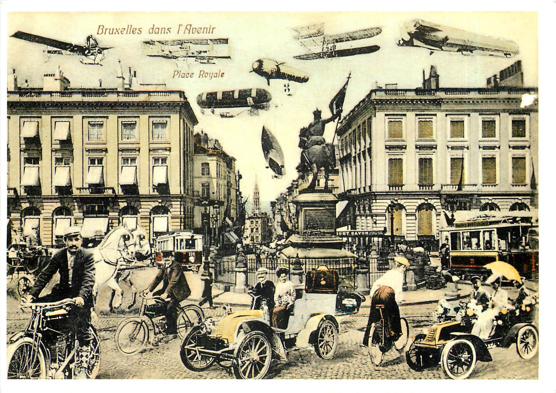 CPM Place Royale Bruxelles Avion Aviation Zeppelin Automobile  Tramway