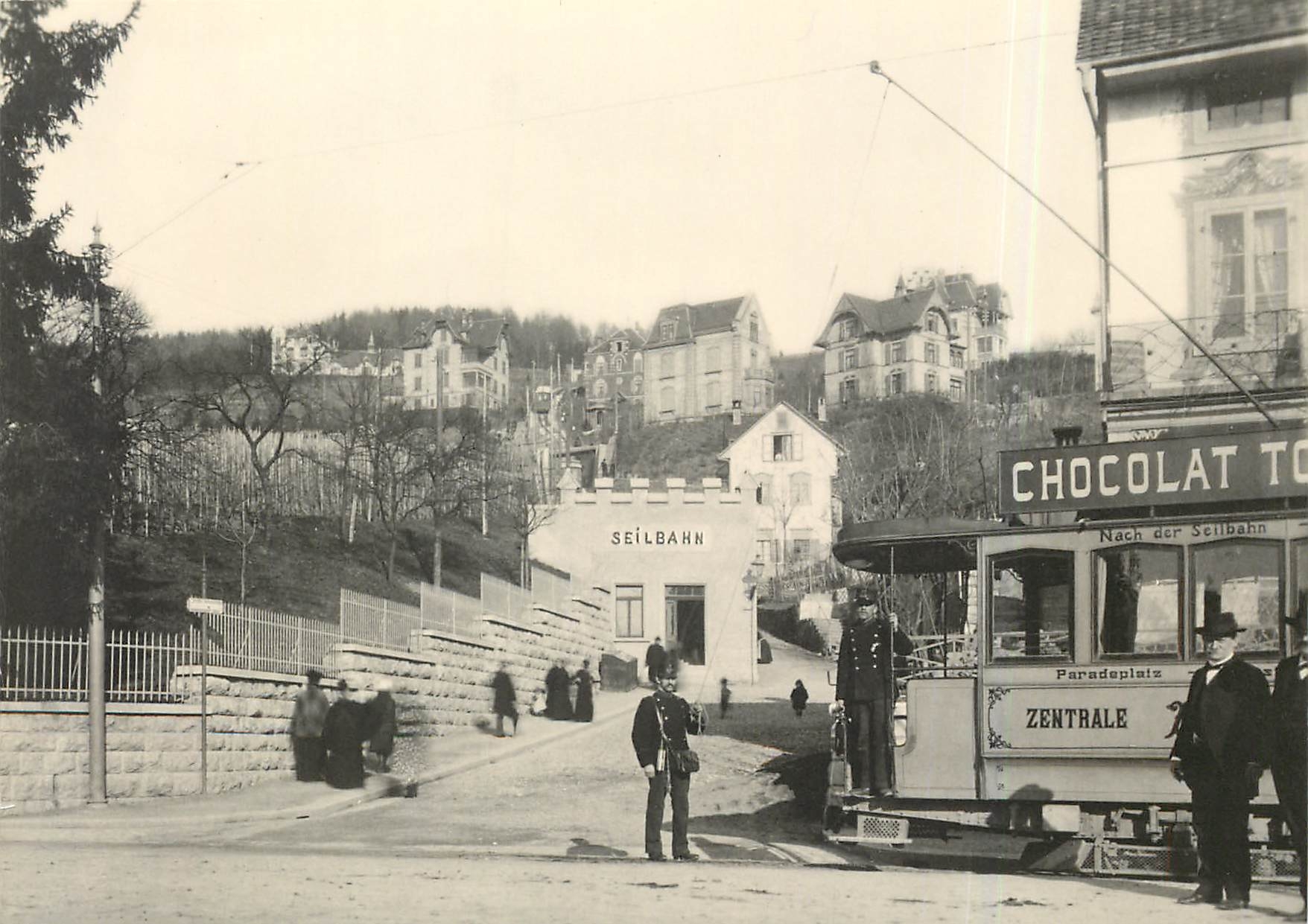 CPM Talstation der SR und Tramwagen der Zentralen Zurichbergbahn
