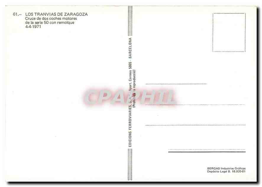 CPM Los Tranvias de Zaragoza Cruce de dos coches Motores de la serie 50 con remolque — Rückseite