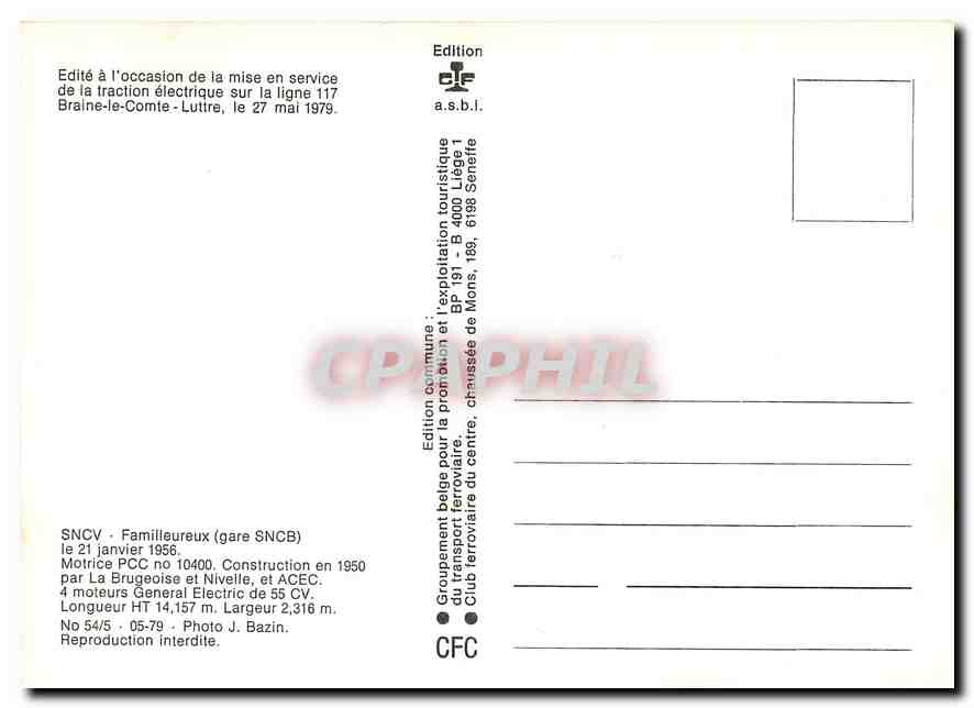 CPM SNCV Familleureux Gare SNCB Motrice PCC nO 10400 La Brugeoise et Nivelle — Verso