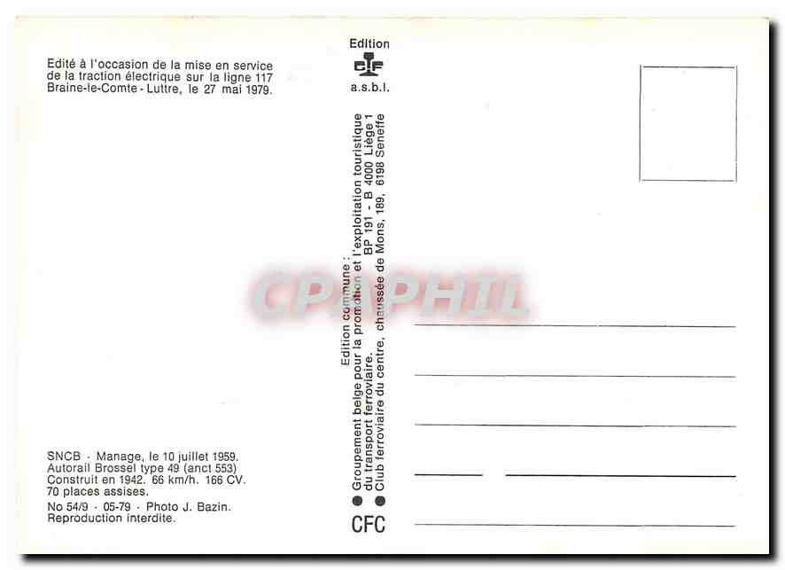 CPM SNCB Autorail Brossel Type 49 — Verso