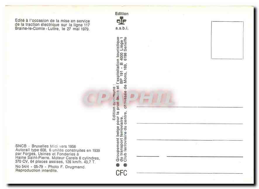 CPM SNCB Bruxelles Autorail Type 608 — Verso