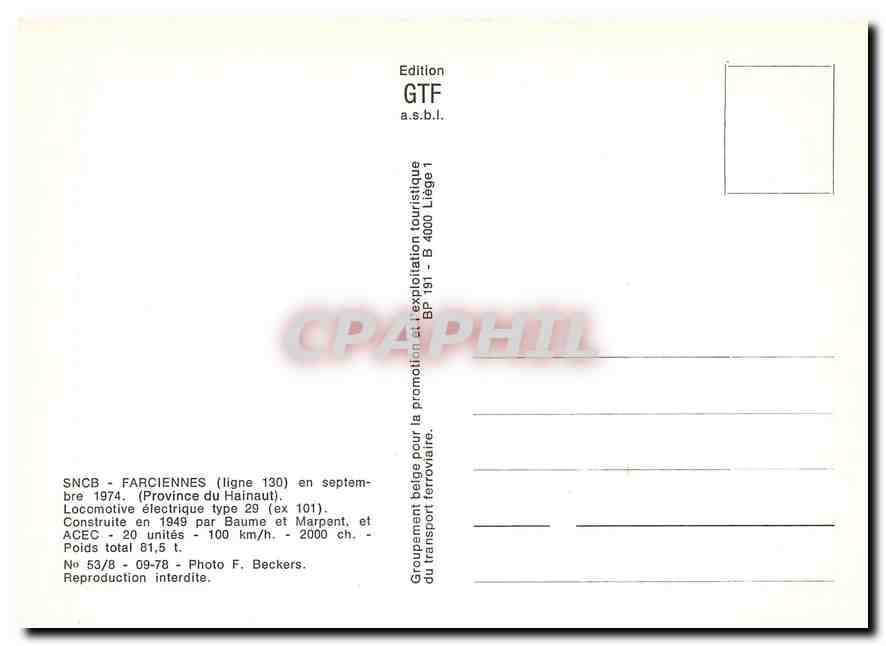 CPM Farciennes Hainaut Locomotive electrique Type 29 — Back
