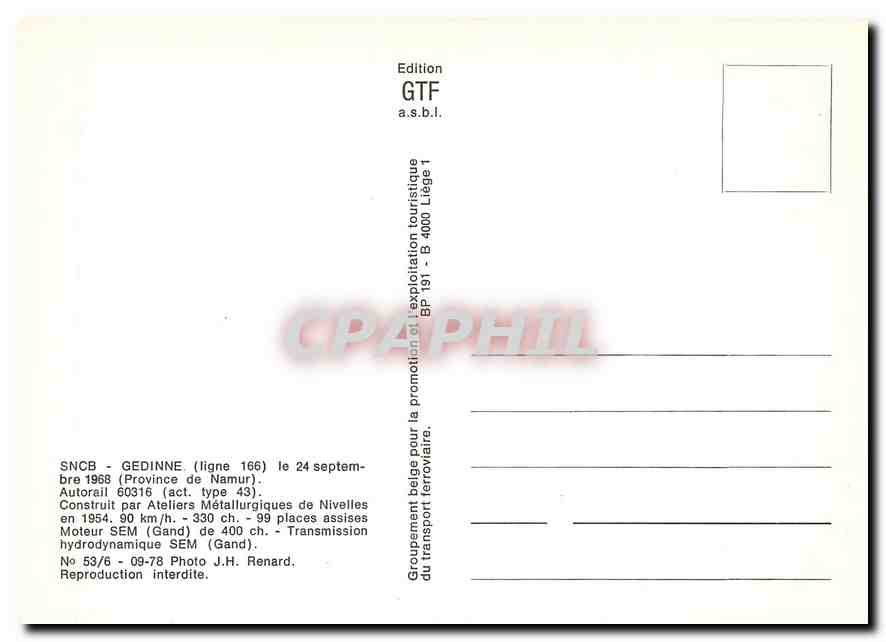 CPM Gedinne Autorail 60316 Namur — Verso
