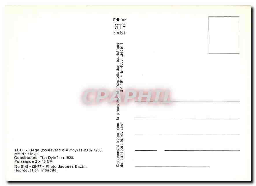 CPM Tule Liege Boulevard d'Avroy Motrice M29 La Dyle — Rückseite