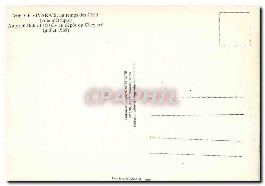 CPM CF Vivarais au temps des CFD Autorail Billard 80 CV en gare du Cheylard — Verso