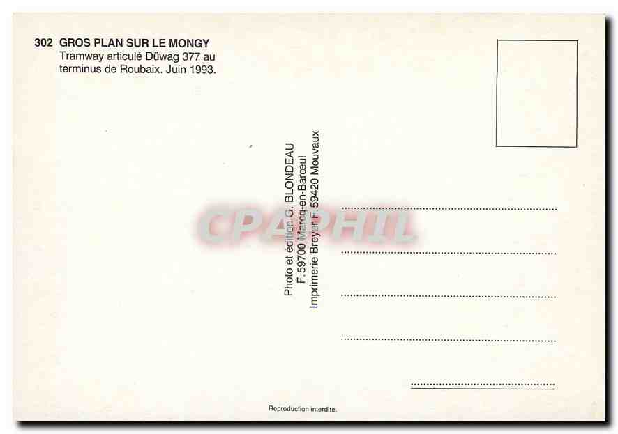 CPM Gros Plan sur le Mongy Tramway articule Duwag 377 au terminus de Roubaix  Juin 1993 — Back