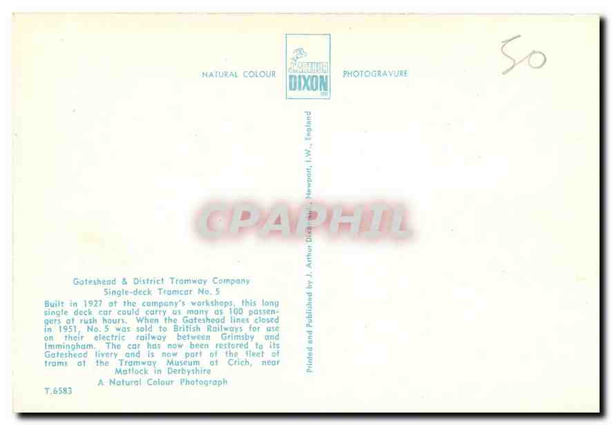 CPM Gateshead Disctrict Tramway Company Single deck Tramcar No 5  — Verso