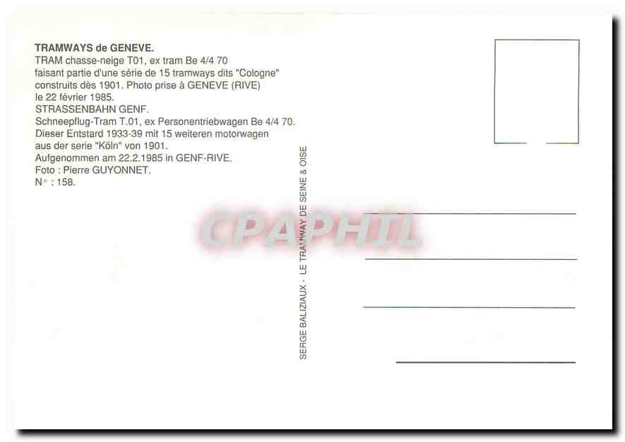 CPM Tramways de Geneve Tram chasse neige T01 ex tram Be 4 4 70  — Verso