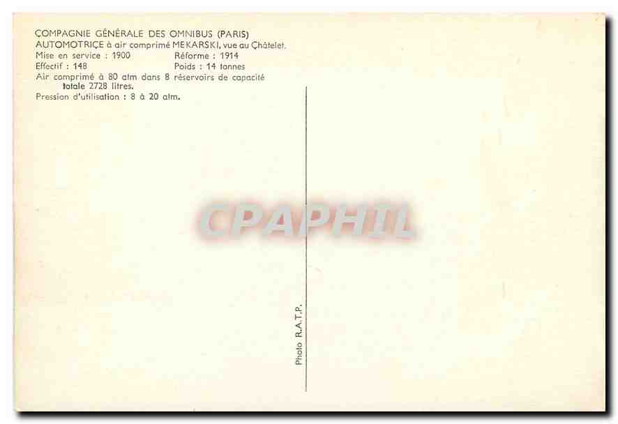 CPM Compagnie Generale des Omnibus Paris Automotrice a air comprime Mekarski  — Verso
