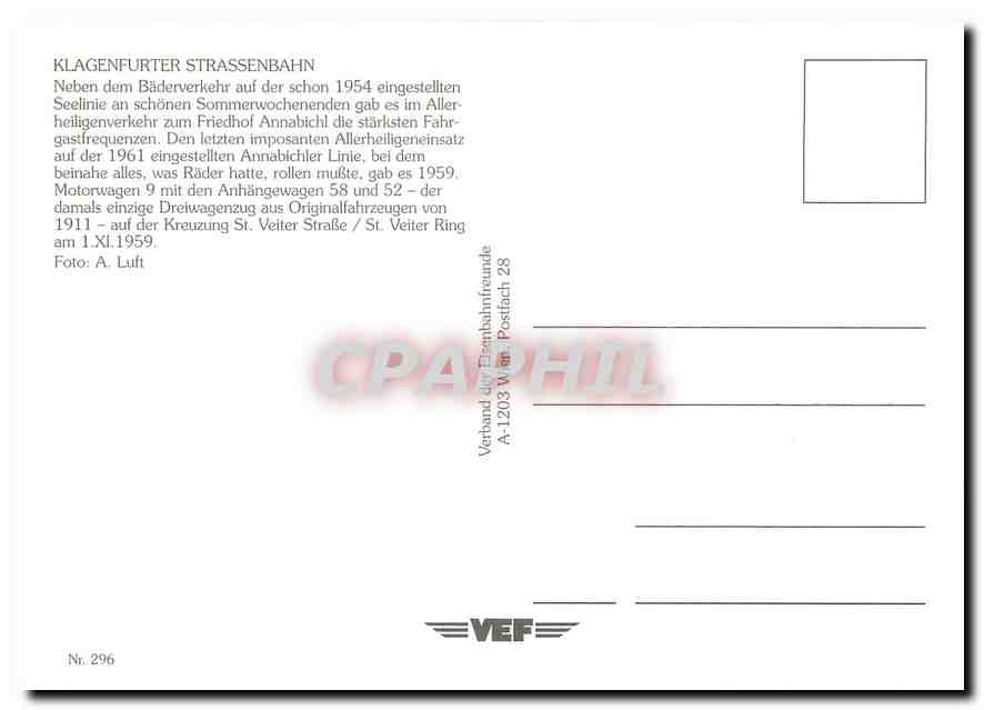 CPM Klagenfurter Strassenbahn Motorwagen 9 mit den Anganwagen 58 und 52  — Verso