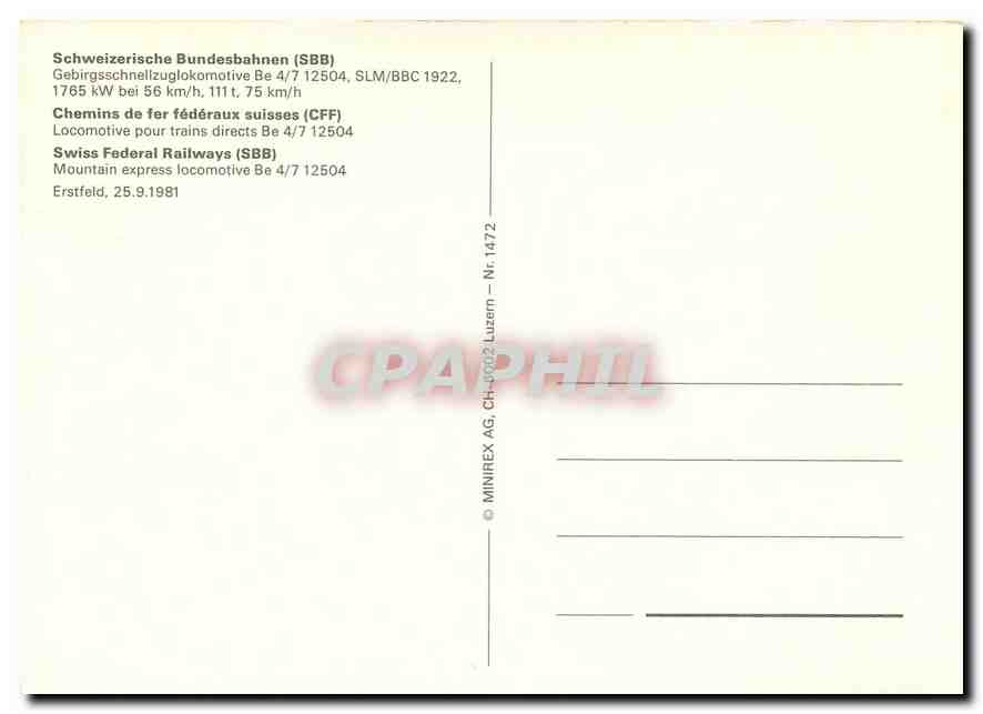 CPM Swiss Federal Railways Mountain Express Locomotive Be 4 7 12504  — Verso
