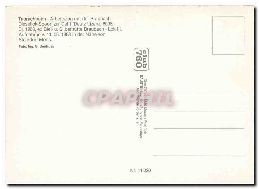 CPM Taurachbahn Diesellok Spoorijzer Delft 6008 Bj 1963  — Verso