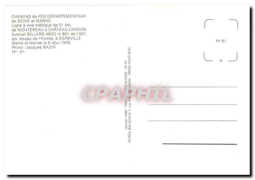CPM Chemin de Fer Departementaux de Seine et Marne Autorail Billard A80D  — Verso