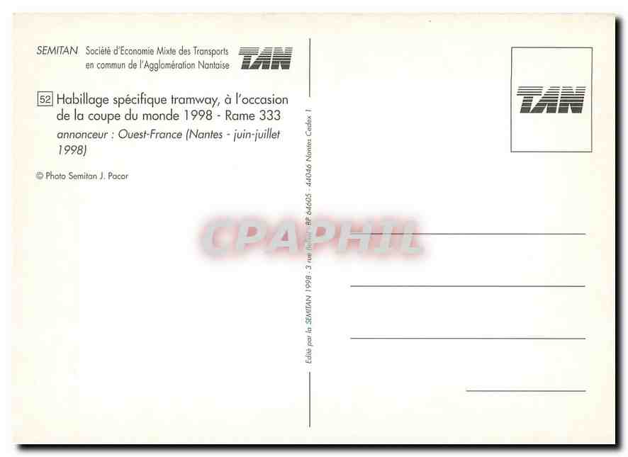 CPM Habillage specifique tramway a l occasion de la coupe de monde 1998 Rame 333  — Verso