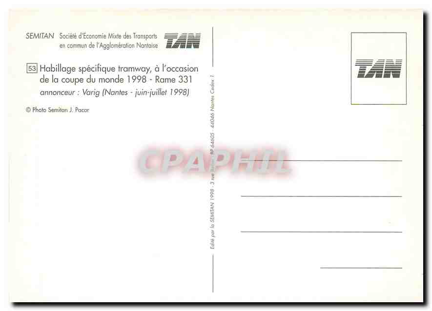 CPM Habillage specifique tramway a l occasion de la coupe de monde 1998 Rame 331  — Verso