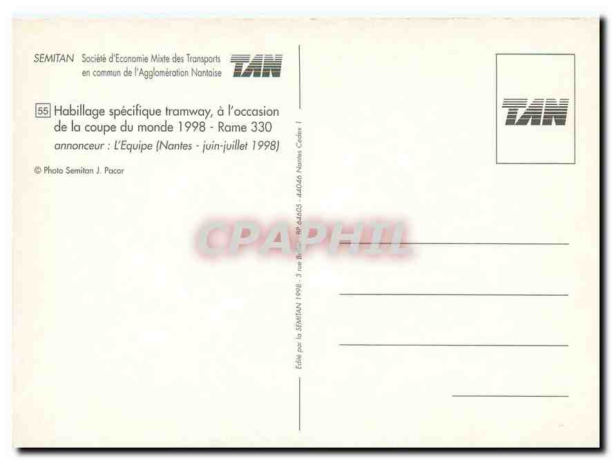 CPM Habillage specifique tramway a l occasion de la coupe de monde 1998 Rame 330  — Verso