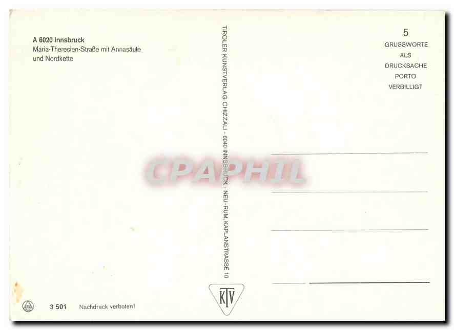 CPM Innsbruck Maria Theresien Strase mit Annasaule und Nordkette  — Verso