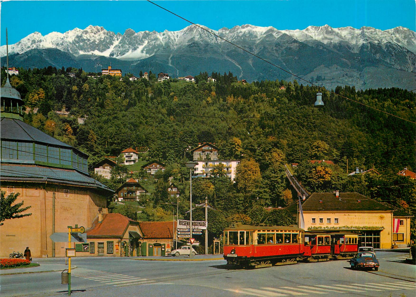 CPM Innsbruck Hungerburg Talstation und Riesenrundgemalde mit Nordkette Tirol 