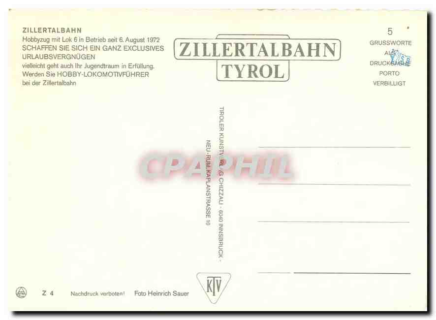 CPM Zillertalbaun Tyrol Zillertalbahn Hobby Lokomotivfuhrer  — Verso
