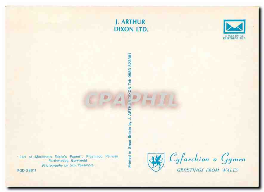 CPM Ffestiniog Railway Earl of Merioneth Fairlies Patent  — Verso