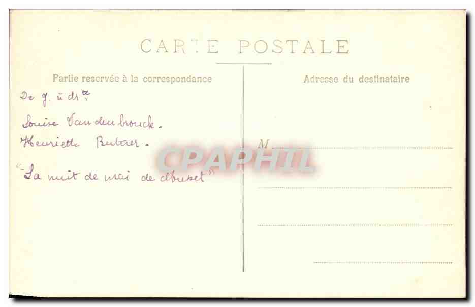 CPA CArte Photo Louise Vandenbrouck Henriette Buterer La nuit de mai de Musset (spectacle) — Rückseite