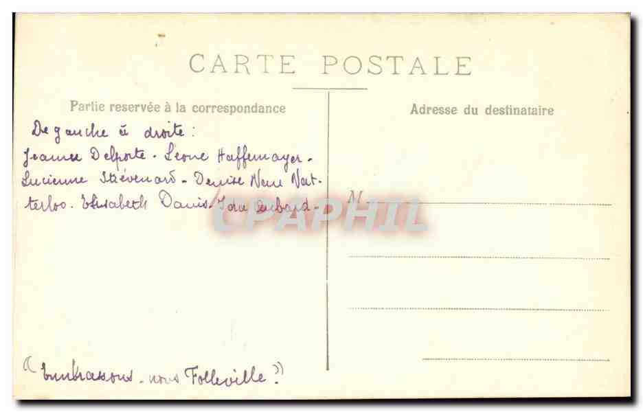 CPA CArte Photo Jeanne DElporte Leone Haffemayer Lucienne Stevenard Denis Nou Nat Ida Aubard Embrassons nous Folleville — Rückseite