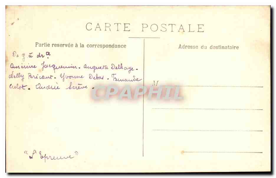 CPA CArte Photo JAmerine Jacquemin Augusta dElhaye Nelly Bricout Yvonne Debas Fernande Culot Andree Sicre L'epreuve — Rückseite
