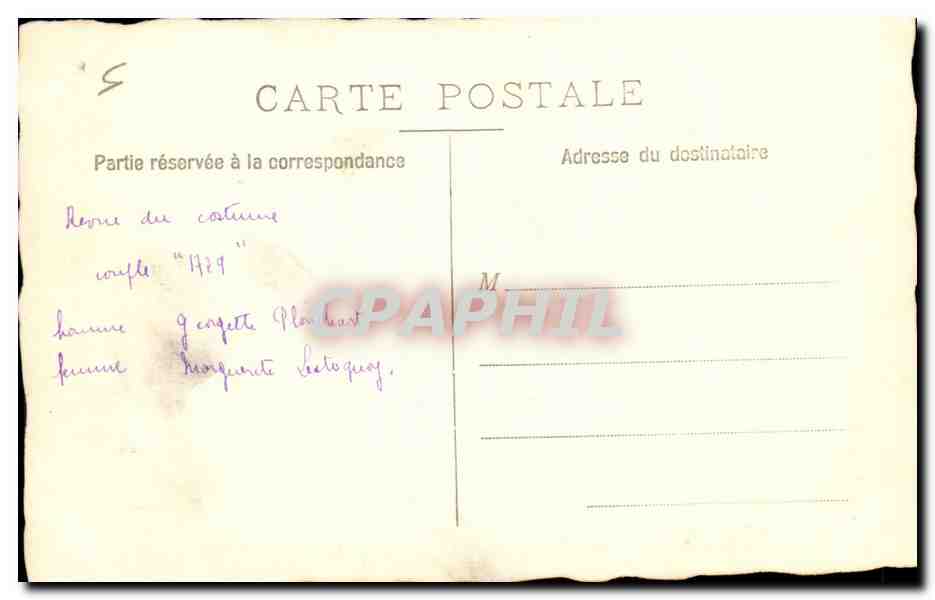 CPA CArte Photo Revue de costume couple 1729 Georgette Plouchard Marguerite Letoquoy — Rückseite
