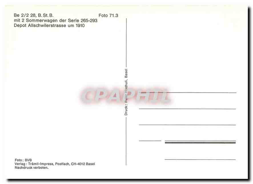 CPM Be 2/2 28 B. ST. B. mit 2 Sommerwagen der Serie 265-293 — Verso