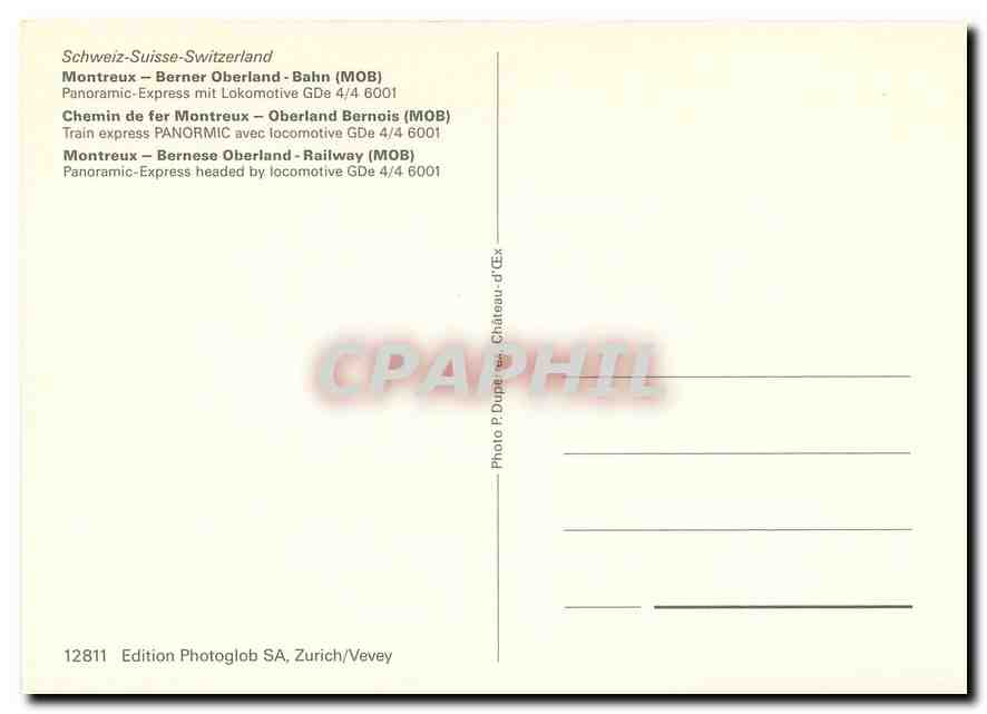 CPM Montreux - Bernese Oberland - Railway (MOB) Panoramic-Express headed by locomotive GDe 4/4 6001 — Verso