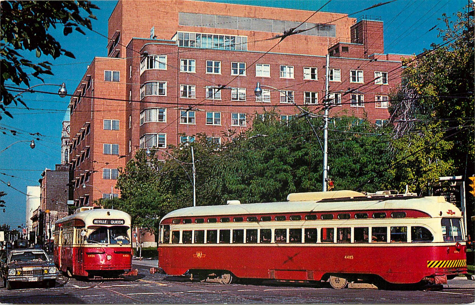 CPM TTC A-7 class m.u. PCCs 4426 and 4485 pass at Queen and Church Streets Toronto in 1977