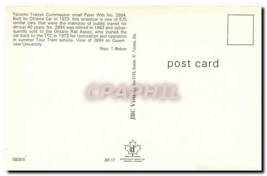 CPM Toronto Transit Comission small Peter Witt No. 2894 on Queen near University — Back