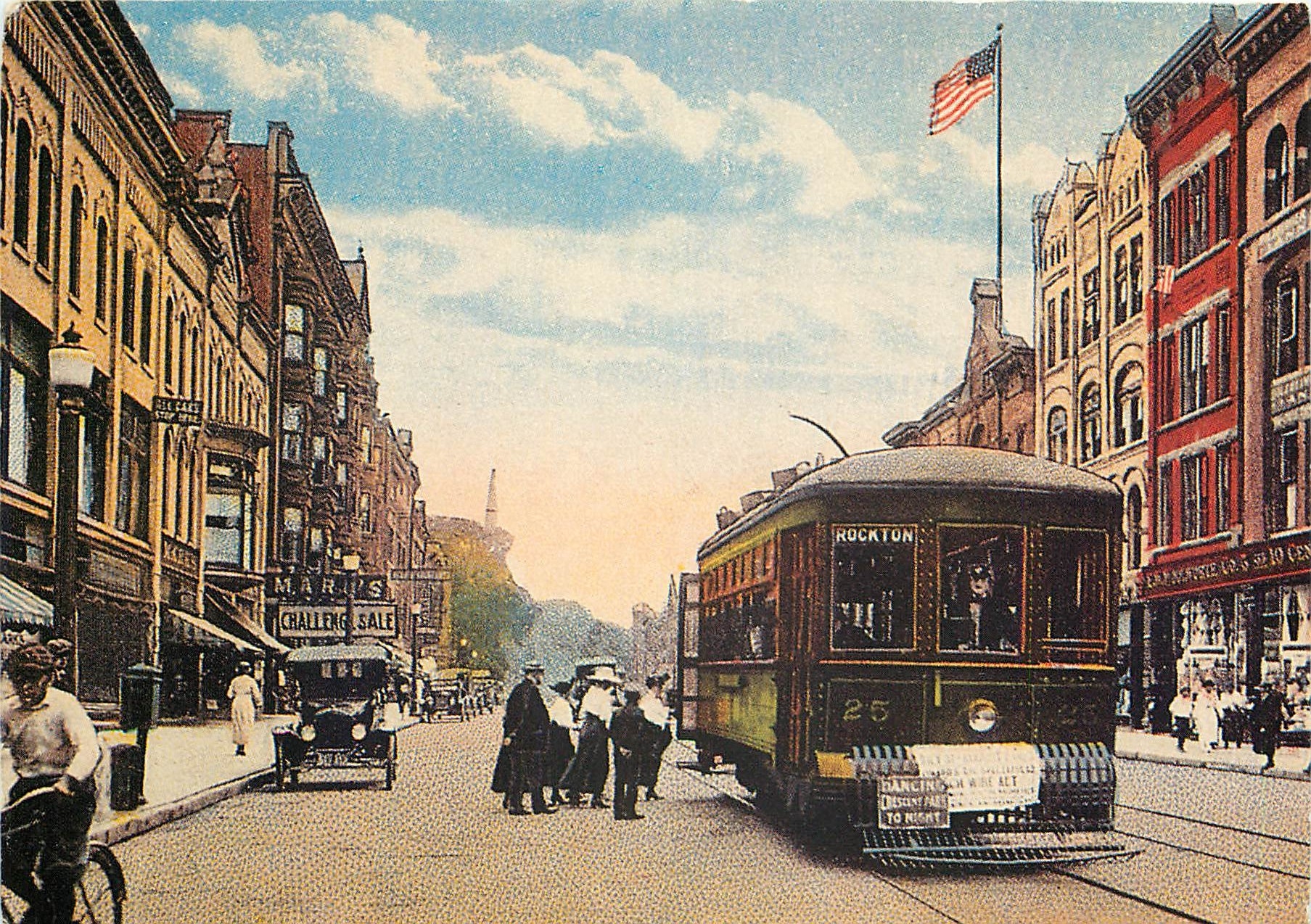 CPM Amsterdam New York Passengers boarding a single-truck trolley on Main St.