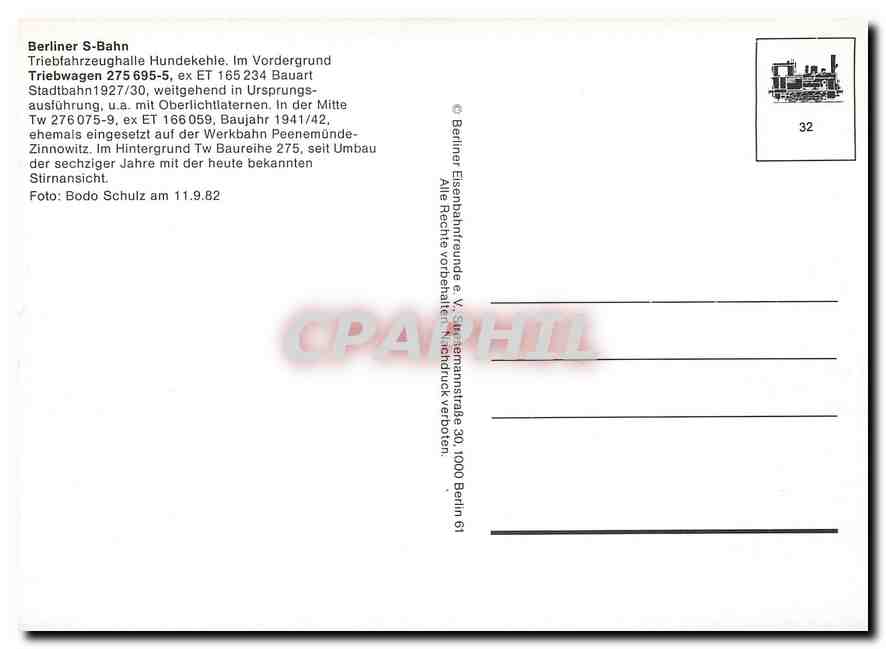 CPM Berliner S-Bahn Triebfahrzeughalle Hundekehle. Im Vordergrund Triebwagen 275 695-5 — Verso