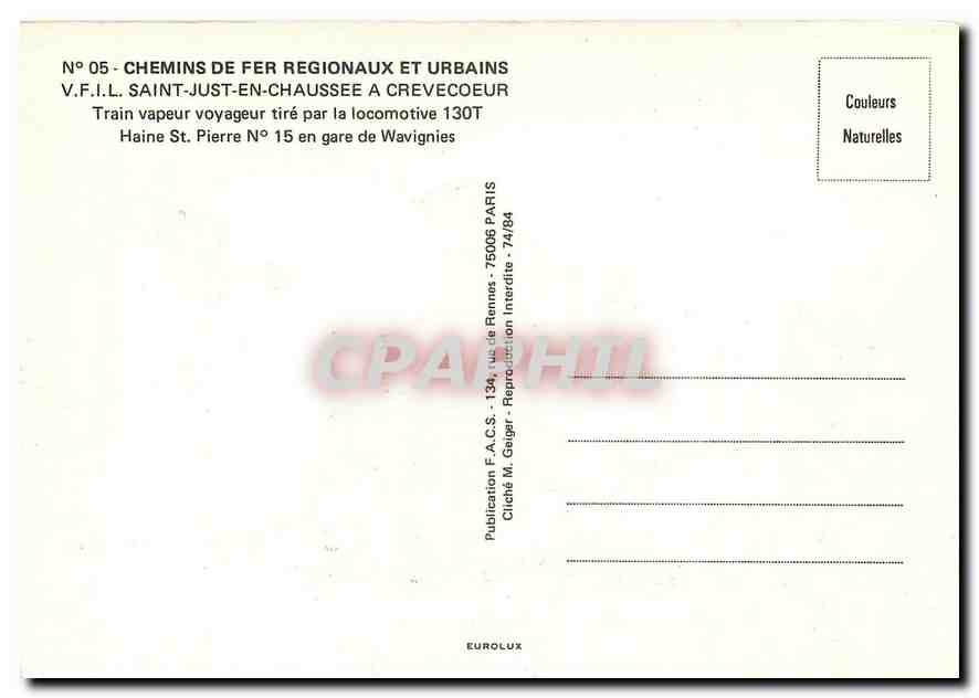 CPM Train vapeur voyageur tire par la locomotive 130T Haine St. Pierre Nr.15 en gare de Wavignies — Verso