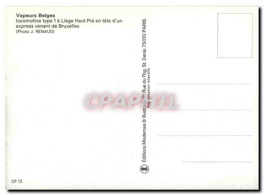 CPM Vapeurs Belges locomotive type 1 a Liege — Verso