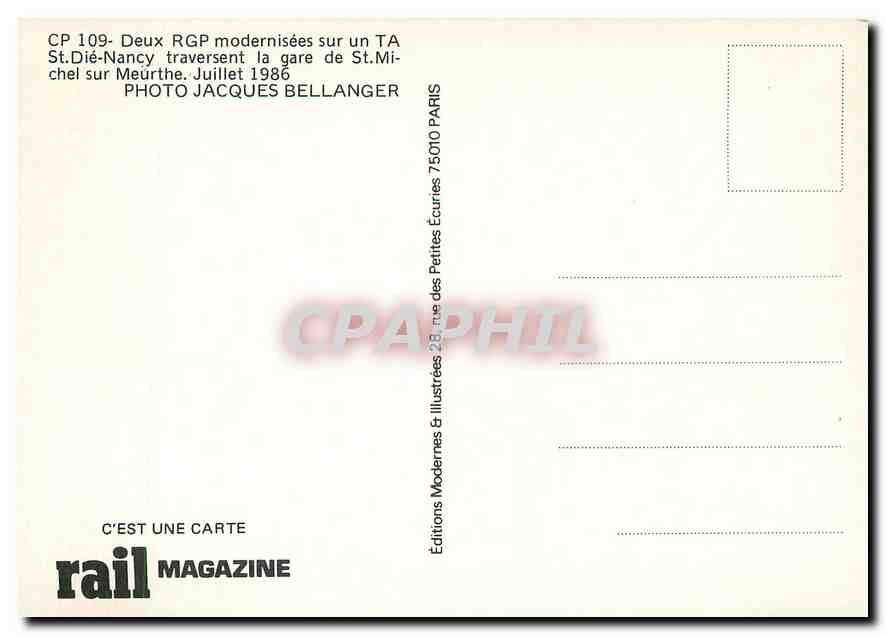 CPM CP 109- Deux RGP modernisees sur in TA St.Die-Nancy traversent la gare de St.Michel sur Meurthe. — Verso