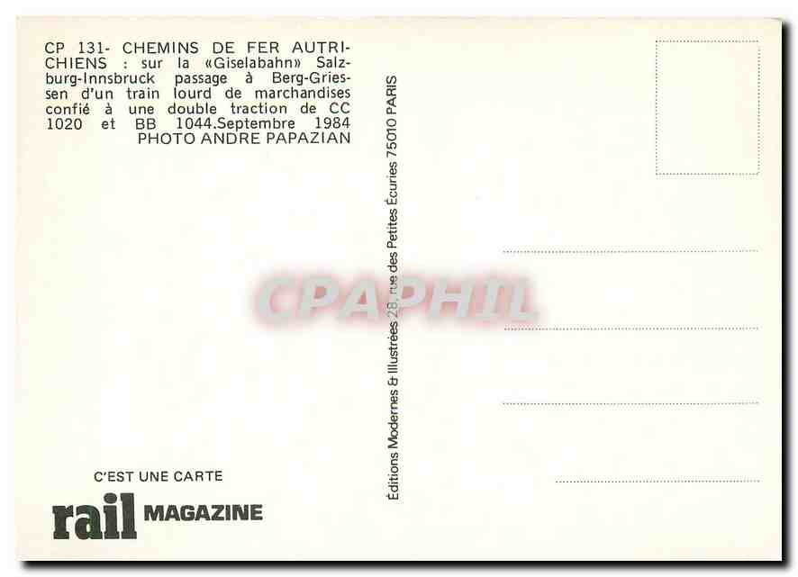 CPM CP 131- Chemins de Fer Autrichiens — Verso