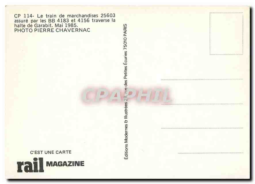 CPM CP 114- Le train de marchandises 25603 assure par les BB 4183 et 4156 traverse la halte de Garab — Verso