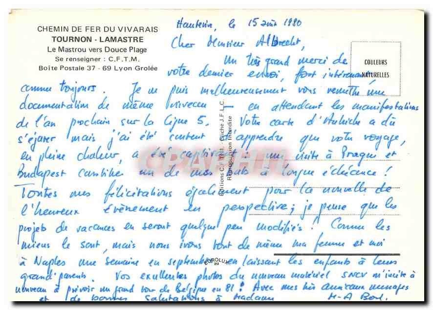 CPM Chemin de Fer du Vivarais Tournon - Lamastre Le Mastrou vers Douce Plage — Verso