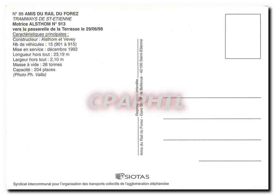 CPM Tramways de St-Etienne Motrice ALSTHOM Nr. 913 — Verso