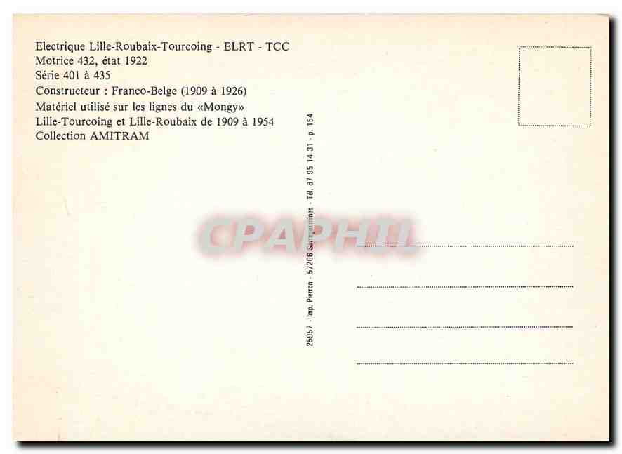 CPM Electrique Lille-Roubaix-Tourcoing - ELRT - TCC Motrice 432 — Verso