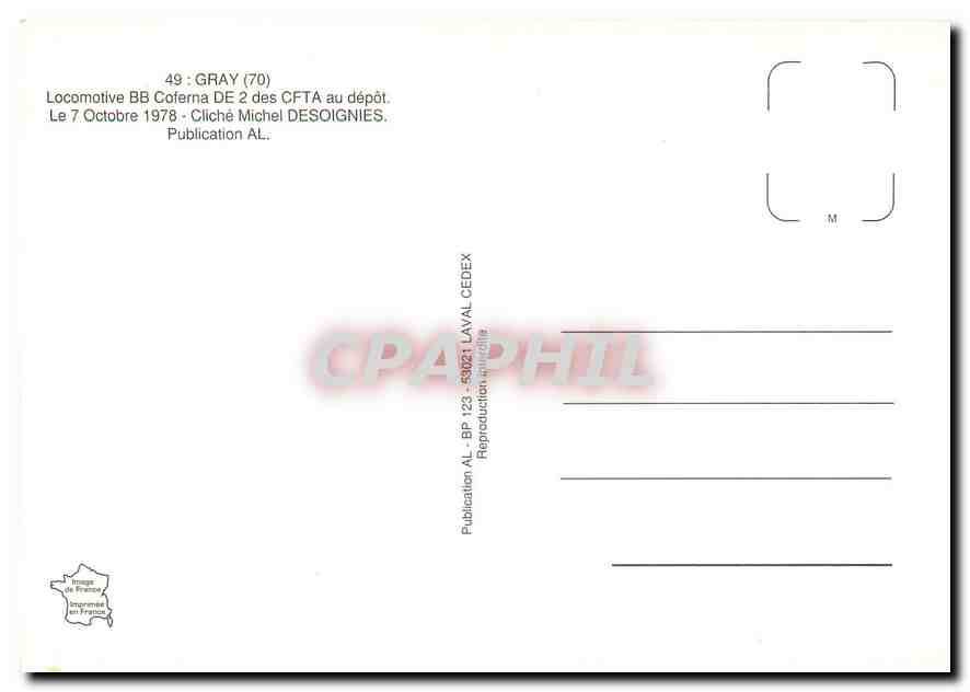 CPM Gray (70) Locomotive BB Coferna DE 2 des CFTA au depot. Le 7 Octobre 1978 — Verso