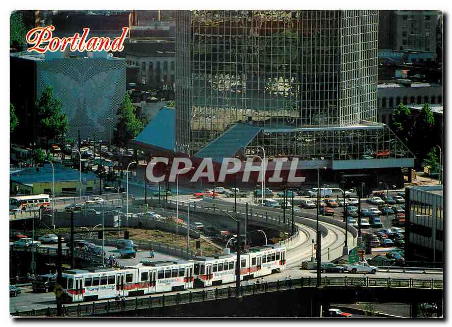 CPM Downtown Portland and brand new light rail called MAX - entering downtown from the Steel Bridge